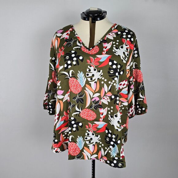 Bloomchic Blouse Women's 2X Multi Color 3/4 Sleeve V Neck Tropical Print NWT - Picture 10 of 10